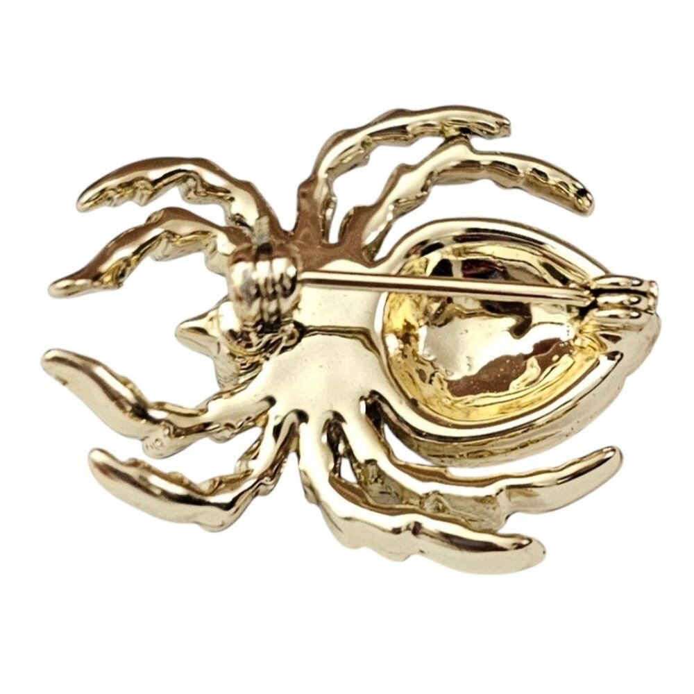 Gold Tone Vintage Faux Pearl Spider Brooch, Red Rhinestone Pin L876 - Picture 4 of 8